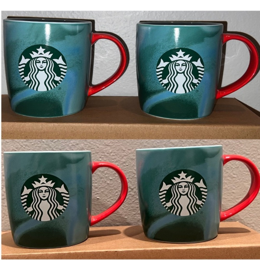 Bundle of TWO- Starbucks Green Marbled Coffee Cup Mug with Red Handle NEW - Picture 2 of 4